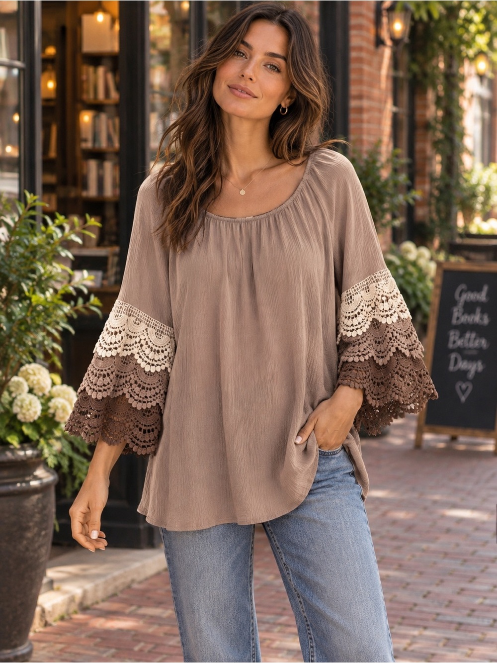 Umgee Taupe Crochet Lace Bell Sleeve Boho Tunic Blouse Top M
